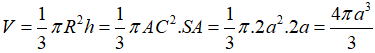 Cho hình chóp S.ABCD có đáy ABCD là hình vuông cạnh a, SA vuông góc với đáy, SC = a √ 6 . Khi tam giác SAC quay quanh cạnh SA thì đường gấp khúc SAC tạo thành một hình nón tròn xoay. Thể tích của khối nón tròn xoay đó là: (ảnh 1)