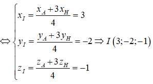 Trong không gian Oxyz, cho tứ diện đều ABCD có A(0;1;2). Gọi H là hình chiếu vuông góc của A lên mặt phẳng (BCD). Cho H(4;-3;-2). Tọa độ tâm I và bán kính R của mặt cầu (S) ngoại tiếp tứ diện ABCD là: (ảnh 1)