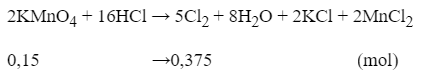 Cho 23,7 gam KMnO4 phản ứng hết với dung dịch HCl đặc (dư), thu được V lít khí Cl2 (đktc). Giá trị của V là  A. 6,72  B. 8,40  C. 3,36  D. 5,60 (ảnh 1)
