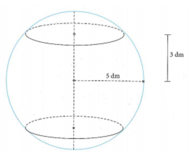 Một khối cầu có bán kính là 5 (dm), người ta cắt bỏ hai phần của (ảnh 1)