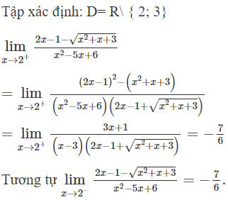 Tìm tất cả các tiệm cận đứng của đồ thị hàm số  y = 2 x − 1 − căn bậc hai x^ 2 + x + 3/ x ^2 − 5 x + 6 (ảnh 1)