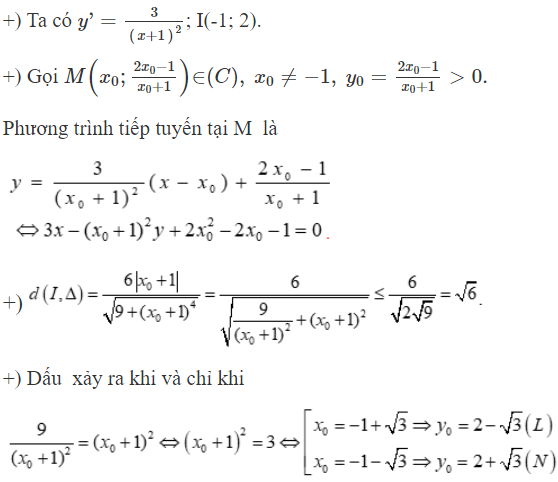 Cho hàm số   y = 2 x − 1/ x + 1  có đồ thị (C) . Biết khoảng cách từ  I(-1; 2) đến tiếp tuyến của (C) (ảnh 1)