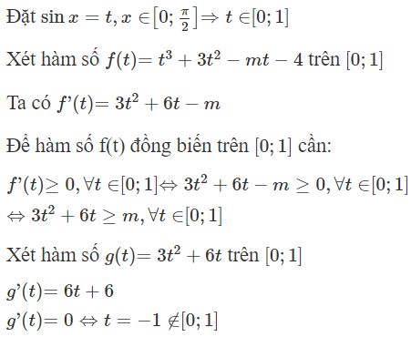Tìm tất cả các giá trị thực của tham số m để hàm số  y = sin ^3 x − 3 cos ^2 x − m sin x − 1  đồng biến trên đoạn (ảnh 1)
