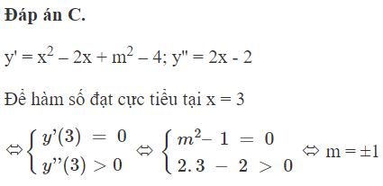 Tìm các giá trị của tham số m để hàm số y =   1/ 3 x ^3 – x^2 + (m^2 – 4)x + 11 đạt cực tiểu tại x = 3 (ảnh 1)