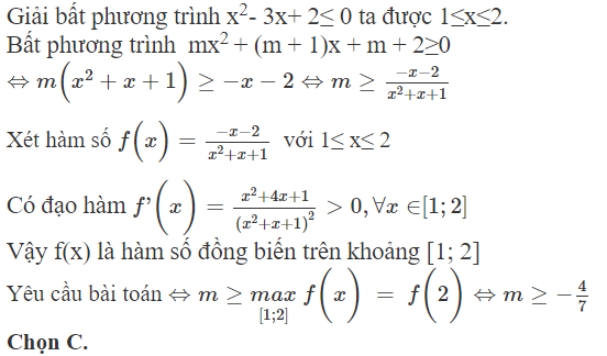 Tìm tất cả các giá trị thực của tham số m sao cho mọi nghiệm của bất phương trình: x^2- 3x+ 2≤ 0 (ảnh 1)