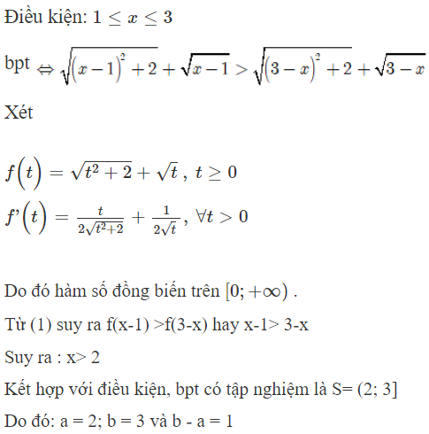 Bất phương trình căn bậc hai x ^2 − 2 x + 3 − căn bậc hai  x ^2 − 6 x + 11 > căn bậc hai  3 − x − căn bậc hai  x − 1 (ảnh 1)