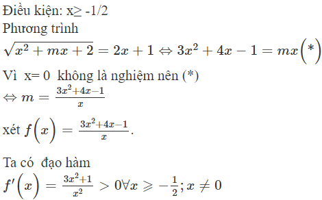 Tìm tất cả các giá trị thực của tham số m  sao cho phương trình  căn bậc hai x^ 2 + m x + 2 = 2 x + 1 có hai nghiệm thực (ảnh 1)