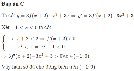 Cho hàm số f (x) có bảng xét dấu của đạo hàm như sau: Hàm số  y = 3 f ( x + 2 ) − x ^3 + 3 x  đồng biến trên khoảng nào dưới đây (ảnh 1)