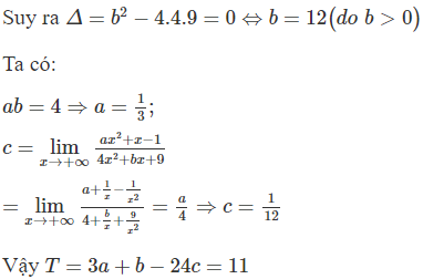 Cho hàm số  y = a x ^2 + x − 1 /4 x ^2 + b x + 9  có đồ thị (C), trong đó a, b là các hằng số dương thỏa mãn (ảnh 1)