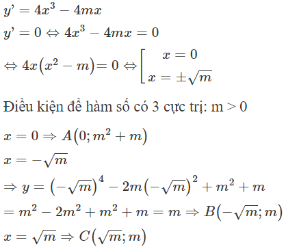 Cho hàm số  y = x ^4 − 2 m x ^2 + m ^2 + m . Tất cả các giá trị của m để đồ thị hàm số có 3 điểm cực trị (ảnh 1)