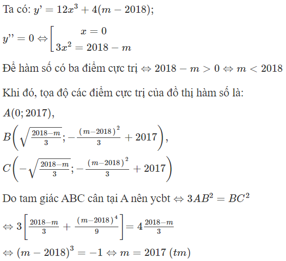 Cho hàm số  y = 3 x ^4 + 2 ( m − 2018 ) x ^2 + 2017  với m là tham số thực. Tìm giá trị của m để đồ thị hàm số (ảnh 1)