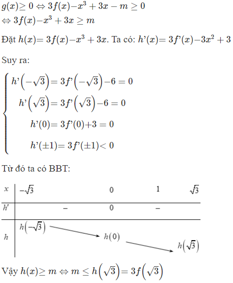 Cho hàm số  y = f ( x ) . Đồ thị hàm số  y = f ' ( x )  như hình vẽ    Đặt  g ( x ) = 3 f ( x ) − x ^3 + 3 x − m , với m là tham số thực (ảnh 1)