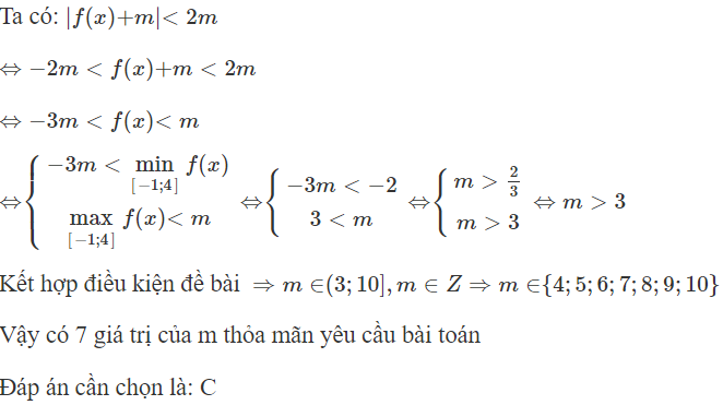 Cho hàm số  y = f ( x )  liên tục trên đoạn  [ − 1 ; 4 ]  và có đồ thị như hình vẽ: Có tất cả bao nhiêu giá trị nguyên (ảnh 1)