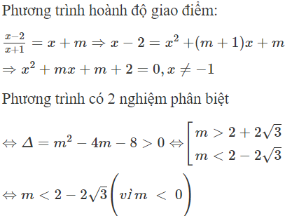 Cho hàm số  ( C ) : y = x − 2 /x + 1 . Đường thẳng d: y = x + m với m < 0 cắt đồ thị (C) tại hai điểm (ảnh 1)