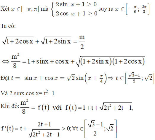 Có bao nhiêu giá trị nguyên của tham số m để phương trình căn bậc hai 1 + 2 cos x + căn bậc hai 1 + 2 sin x = m^2 có nghiệm thực (ảnh 1)