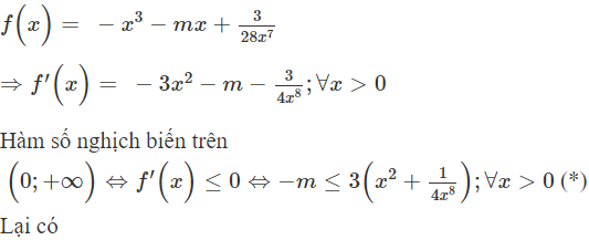 Tìm m để hàm số  f ( x ) = − x ^3 − m x + 3 /28 x ^7 nghịch biến  ( 0 ; + ∞ ) (ảnh 1)