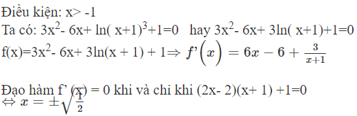Hỏi phương trình 3x^2- 6x+ ln( x+1)^3+1=0  có bao nhiêu nghiệm phân biệt? (ảnh 1)