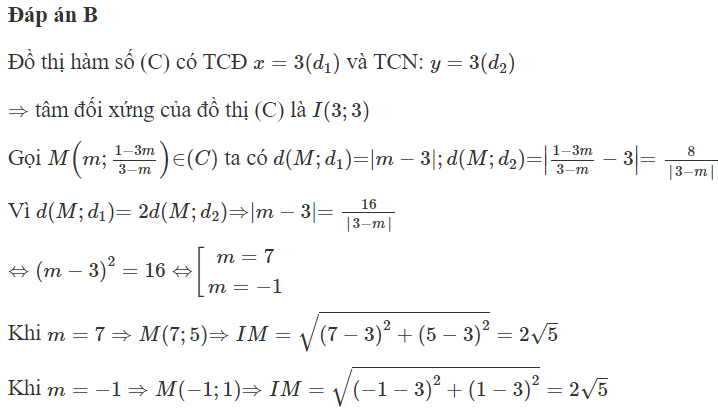 Cho hàm số  y = 1 − 3 x/ 3 − x  có đồ thị (C). Điểm M nằm trên (C) sao cho khoảng cách từ M đến tiệm cận đứng (ảnh 1)