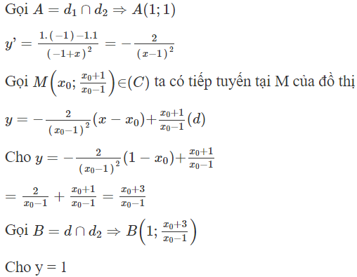 Cho hàm số  y = x + 1/ − 1 + x  có đồ thị (C). Tiếp tuyến tại điểm M bất kì thuộc (C) (ảnh 1)