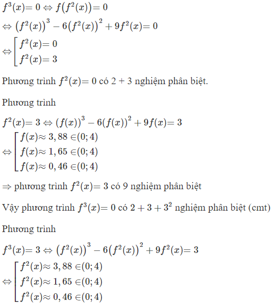 Cho hàm số  f ( x ) = x ^3 − 6 x^ 2 + 9 x . Đặt  f^ k ( x ) = f ( f^ k − 1 ( x ) )  (với k là số tự nhiên lớn hơn 1). Tính số nghiệm (ảnh 1)
