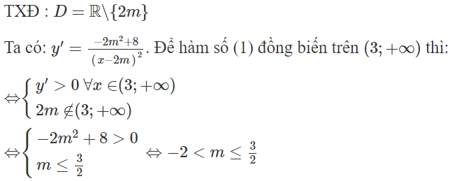 Tập hợp các giá trị thực của m để hàm số  y = m x − 8/ x − 2 m ( 1 )  đồng biến trên khoảng là (ảnh 1)
