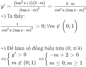 Tìm tất cả các giá trị thực của tham số m sao cho hàm số  y = tan x − 2/ tan x − m đồng biến trên khoảng (ảnh 1)