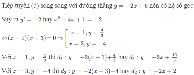 Tiếp tuyến của đồ thị hàm số  y = x ^3 /3 − 2 x ^2 + x + 2  song song với đường thẳng  (ảnh 1)
