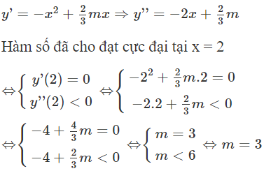 Tìm tất cả các giá trị của m để hàm số  y = − 1/ 3 x ^3 + m x^ 2/ 3 + 4  đạt giá trị cực đại tại x = 2 (ảnh 1)