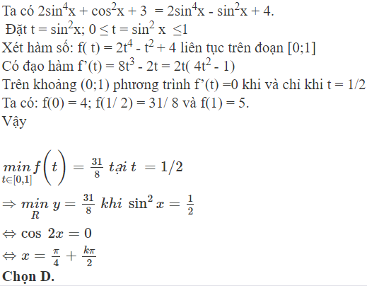 Giá trị nhỏ nhất của hàm số y= 2 sin ^4 x+ cos^2 x+ 3  bằng (ảnh 1)