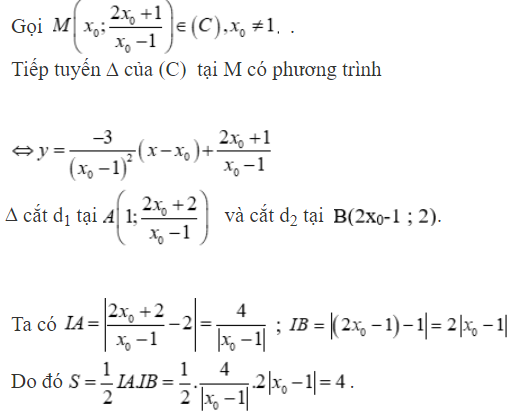 Cho hàm số   y = 2 x + 1 /x − 1 có đồ thị (C). Gọi M là một điểm bất kì trên (C). Tiếp tuyến của (C) (ảnh 1)