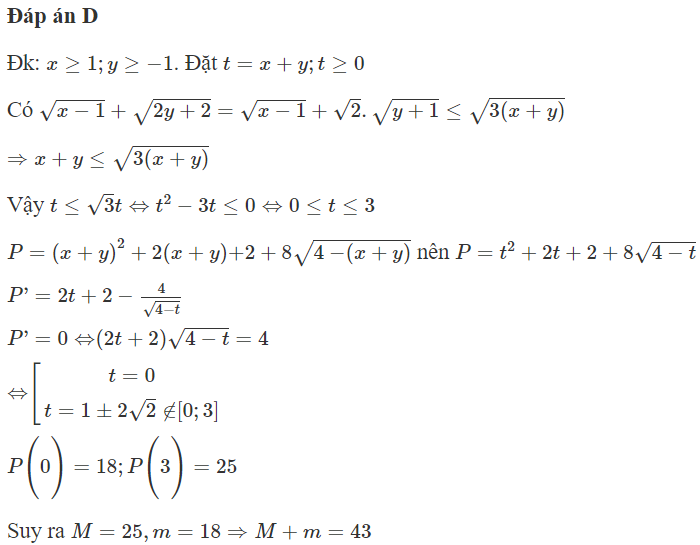 Cho x, y là các số thực thỏa mãn  x + y = căn bậc hai  x − 1 + căn bậc hai 2 y + 2 . Gọi M, m lần lượt (ảnh 1)