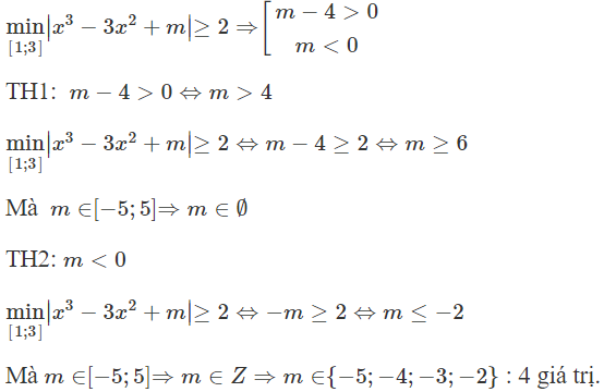 Có bao nhiêu số nguyên  m ∈ [ − 5 ; 5 ]  để    min [ 1 ; 3 ]   ∣ x ^3 − 3 x ^2 + m ∣ ≥ 2 A. 6  B. 4  C. 3  D. 5 (ảnh 1)
