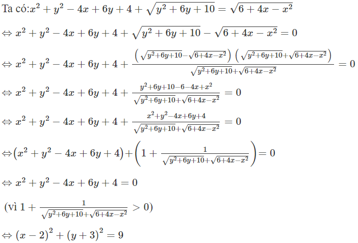 Cho hai số thực x, y thỏa mãn  x ^2 + y^ 2 − 4 x + 6 y + 4 + căn bậc hai y ^2 + 6 y + 10 = căn bậc hai 6 + 4 x − x ^2 Gọi M, m lần lượt là giá trị lớn nhất (ảnh 1)