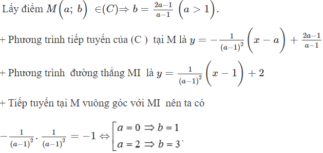 Cho hàm số   y = 2 x − 1/ x − 1  có đồ thị là (C) . Gọi I là giao điểm hai tiệm cận của (C) (ảnh 1)