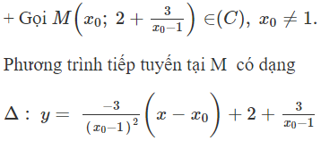 Cho hàm số   y = 2 x + 1 /x − 1  có đồ thị (C) . Gọi I là giao điểm của hai tiệm cận. Tiếp tuyến  của (C) (ảnh 1)
