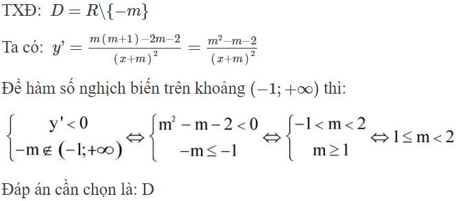 Với giá trị nào của m thì hàm số  y = ( m + 1 ) x + 2 m + 2/ x + m  nghịch biến trong khoảng (ảnh 1)
