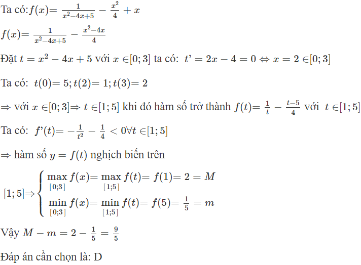 Cho  f ( x ) = 1/ ^x 2 − 4^ x + 5 − x^ 2/ 4 + x . Gọi  M = max x ∈ [ 0 ; 3 ]   f ( x ) ; m = min x ∈ [ 0 ; 3 ]   f ( x ) . Khi đó  M − m  bằng: (ảnh 1)