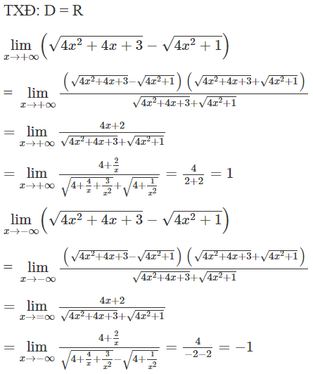 Đồ thị hàm số  y = căn bậc hai 4 x^ 2 + 4 x + 3 − căn bậc hai 4 x ^2 + 1  có bao nhiều đường tiệm cận ngang (ảnh 1)