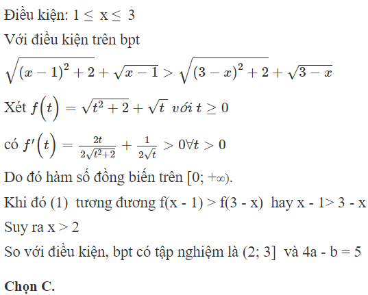 Bất phương trình căn bậc hai x ^2 − 2 x + 3 − căn bậc hai x ^2 − 6 x + 11 > căn bậc hai 3 − x − căn bậc hai x − 1 (ảnh 1)
