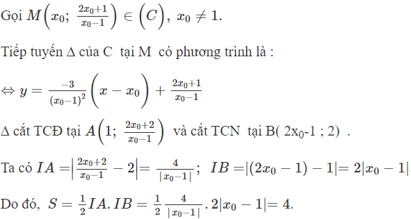 Cho hàm số  y = 2 x + 1 /x − 1 có đồ thị C. Gọi M  là một điểm bất kì trên C. Tiếp tuyến của C tại M (ảnh 1)