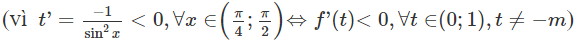 Tìm m để hàm số  y = 2 cot x + 1 / cot x + m  đồng biến trên khoảng  ( π/ 4 ; π/ 2 ) (ảnh 1)