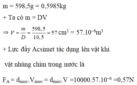 Một vật có khối lượng 598,5g làm bằng chất có khối lượng riêng D (ảnh 1)