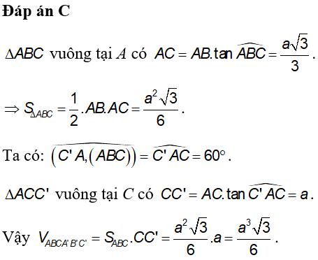 Cho hình lăng trụ đứng ABC.A’B’C’, đáy là tam giác ABC vuông tại A, AB=a (ảnh 1)