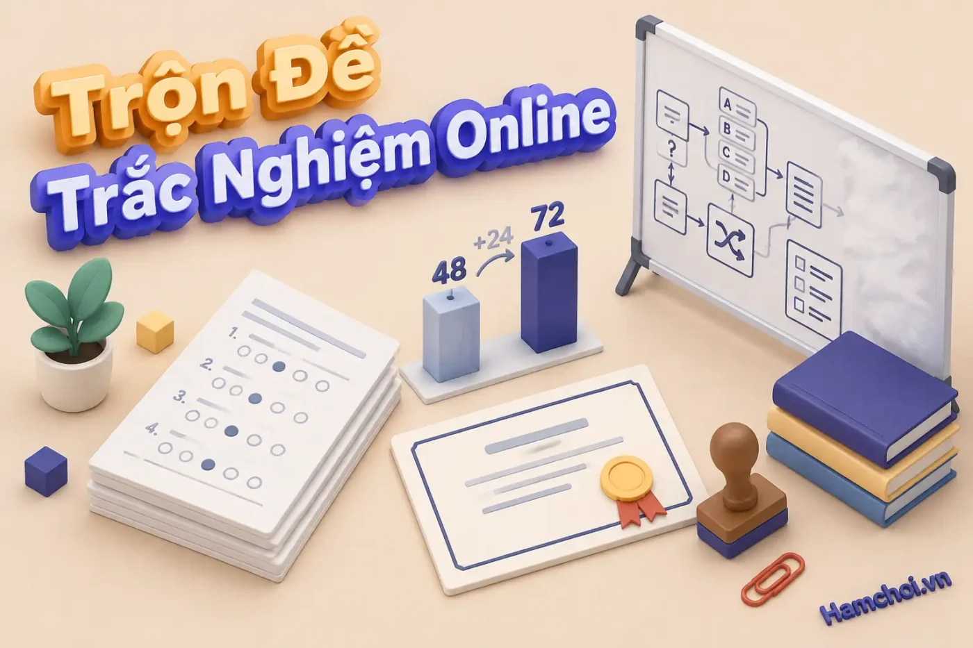 Trộn đề trắc nghiệm là quá trình tạo ra nhiều phiên bản khác nhau của cùng một bài kiểm tra bằng cách thay đổi thứ tự câu